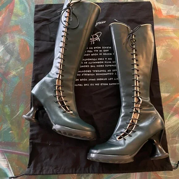 LAST Fluevog Mini Sugar Knee High Lace Up Boot Size 6.5 Blue Leather Corset Goth - Picture 7 of 16